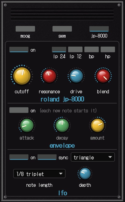 The filter bay: a JP-8000 style filter with blend and a tempo-synced LFO
