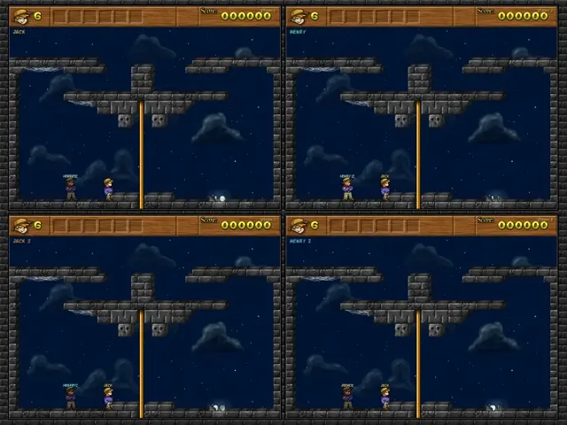 Four players in split screen in the same mansion room
