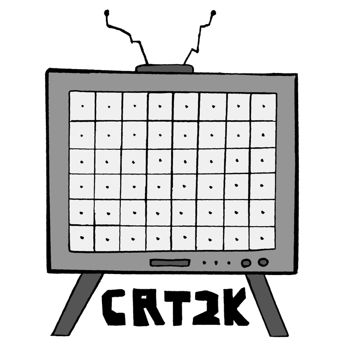 A drawing of an old TV on legs, labelled CRT2K