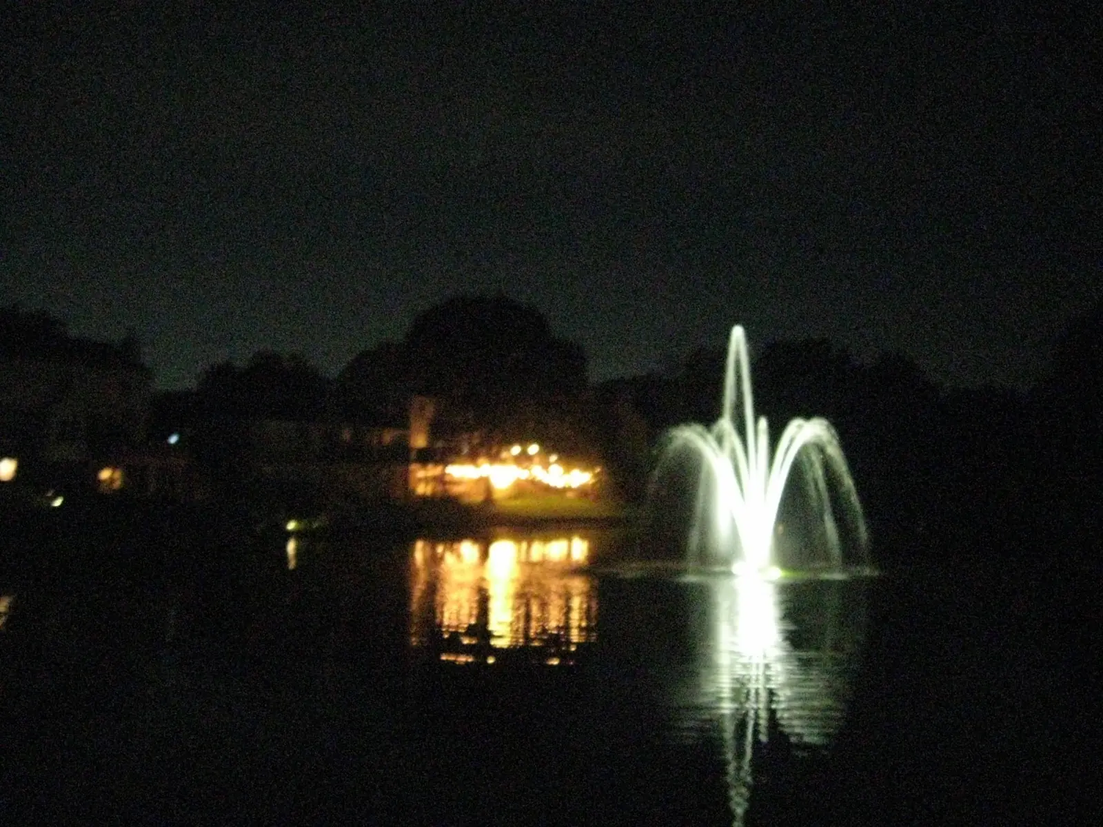 A lit fountain on a lake at night