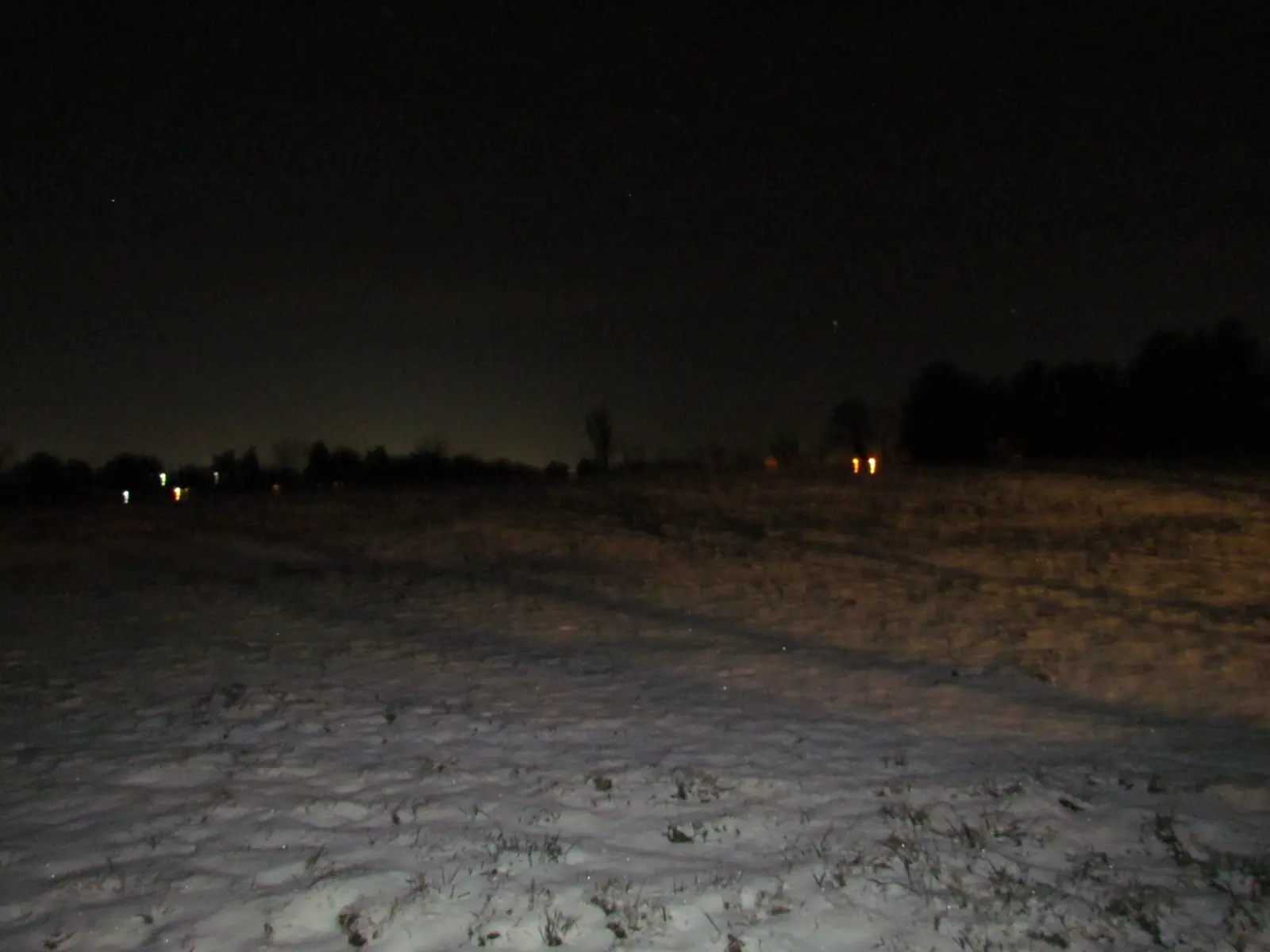 A snowy field at night under flash